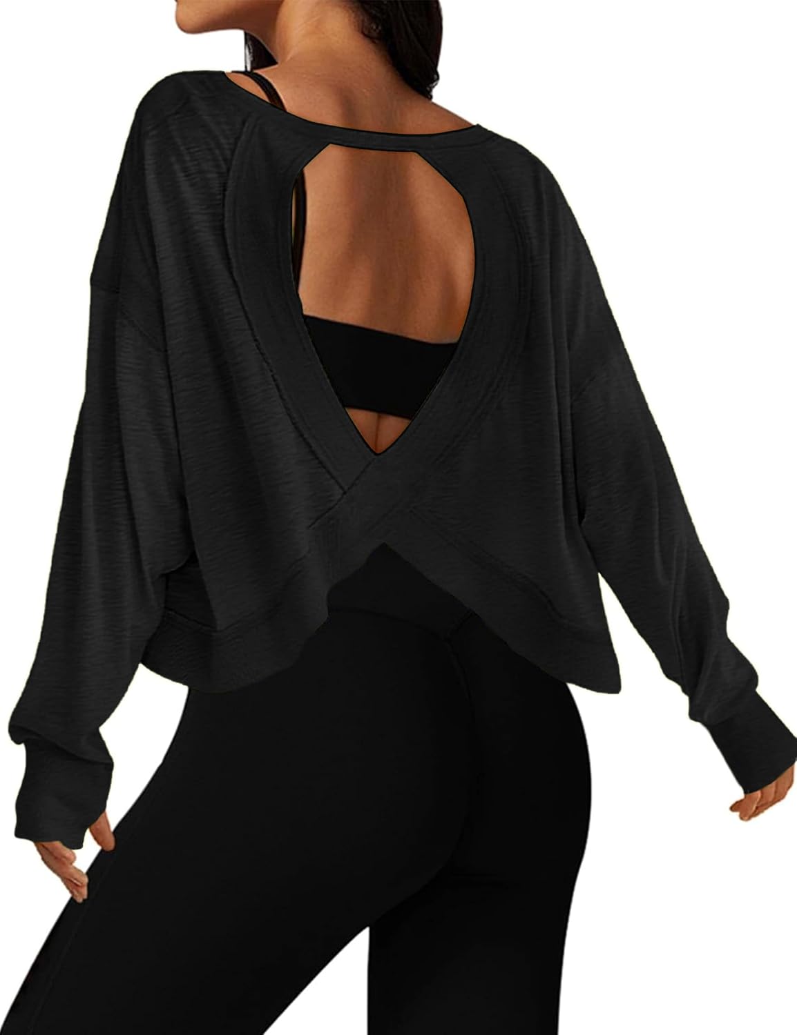 Women's Open Back Workout Crop Top Long Sleeve Casual Athletic Shirts Yoga Tee