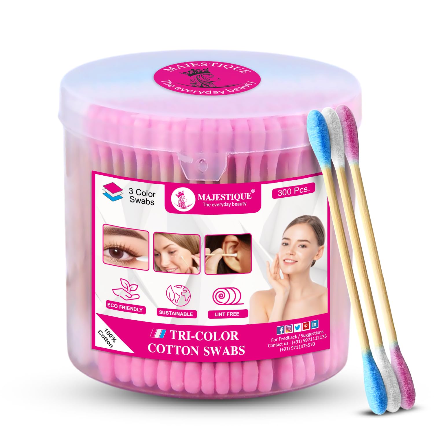 Majestique Tri-Color Cotton Swabs, Eco-Sustainable, Lint Free- Earbuds for Cleaning Ears - 1 Box (300Pcs)-image-25