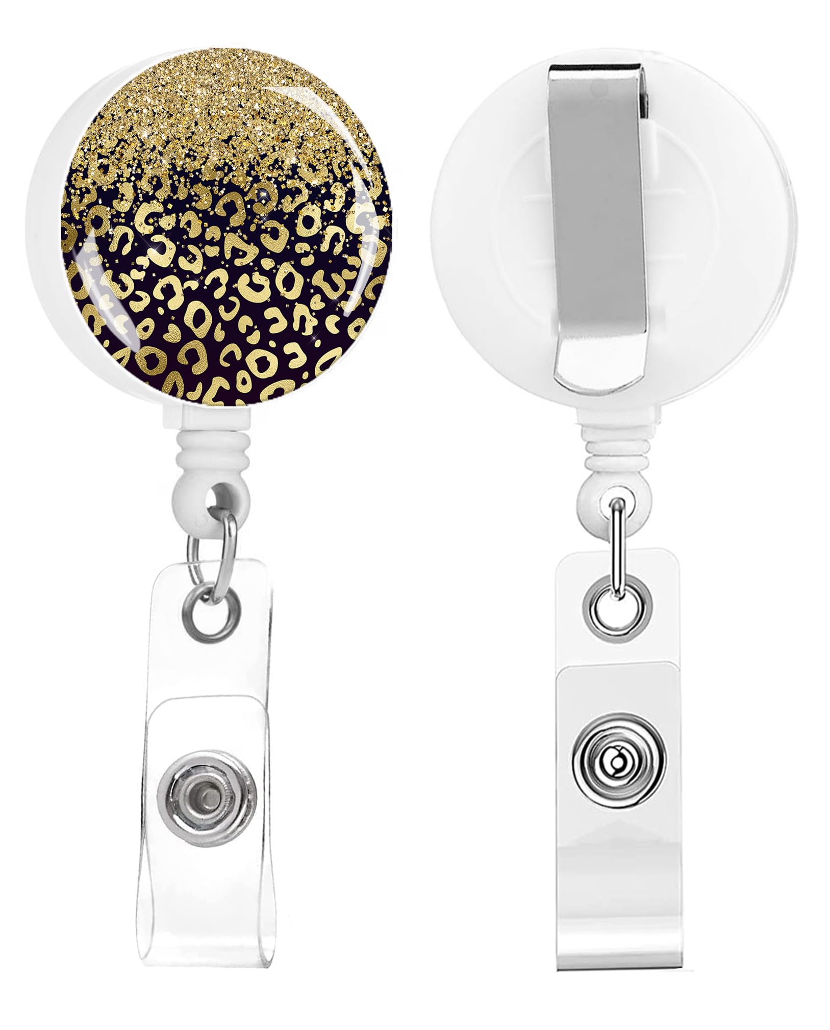 Badge Reels Retractable,Id Badge Holders Retractable,Badge Clips Retractable ID Card Holder for Teacher, Student, Office Worker(Golden Glitter Leopard