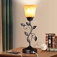 Vista 2 de Lámpara de mesa con control táctil con 2 puertos de carga USB, lámparas de mesita de noche regulables de 3 vías, pantalla de vidrio ámbar, lámpara