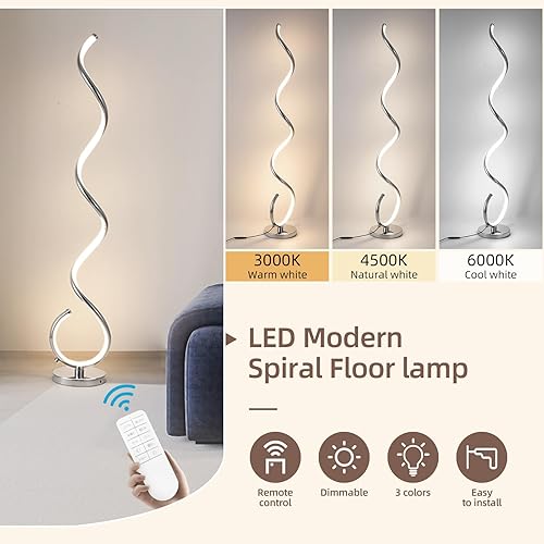 Miniatura 2 de Lámpara de pie LED en espiral para sala de estar, lámparas de pie modernas de 40 W con control remoto, 3 colores sin escalones, regulable, lámpara
