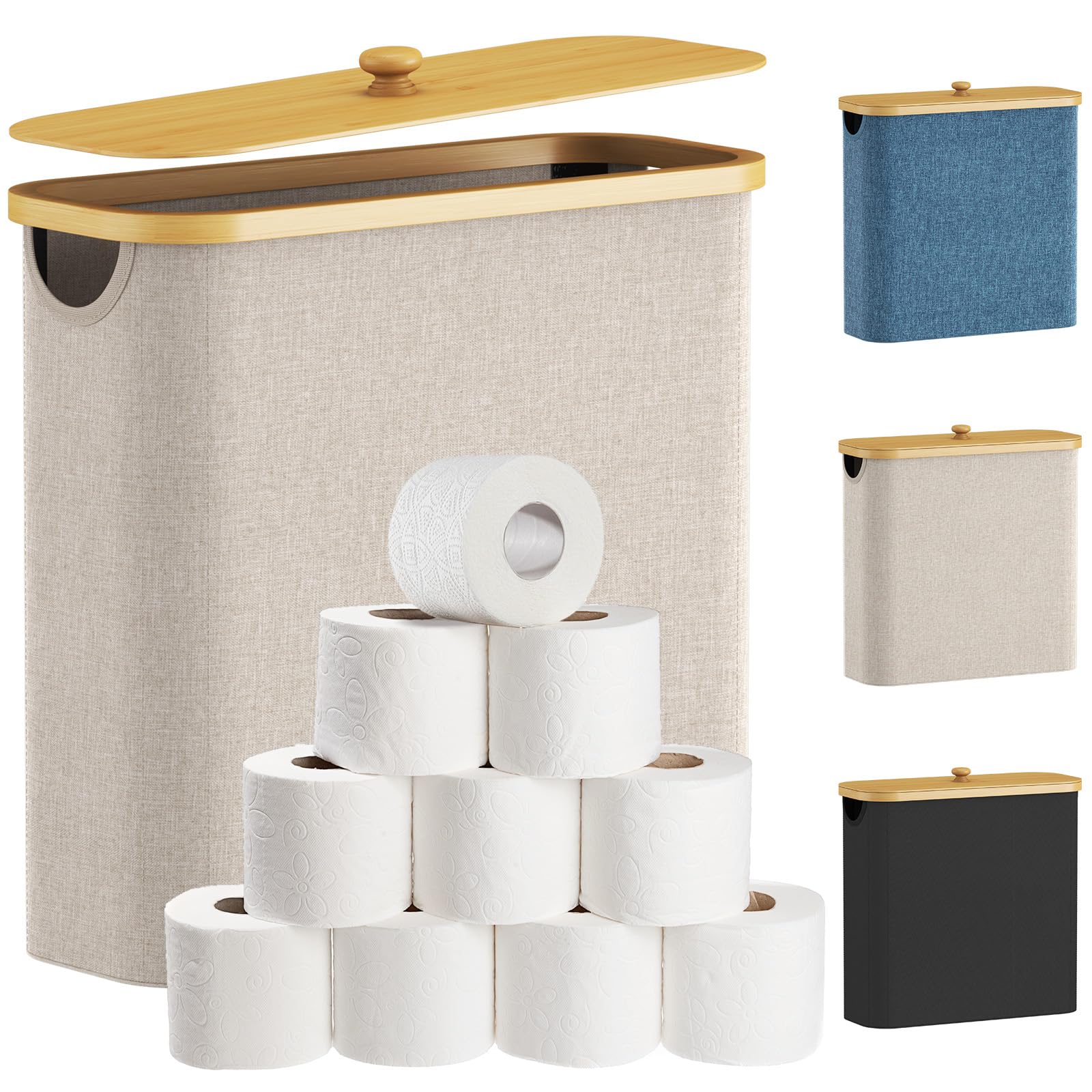 Lifewit Toilettenpapier Aufbewahrungskorb, Bambus Badezimmer Organizer, Klopapier Aufbewahrungsschrank für Enge Räume, Toilet Paper Behälter mit Deckel, 30L, Beige
