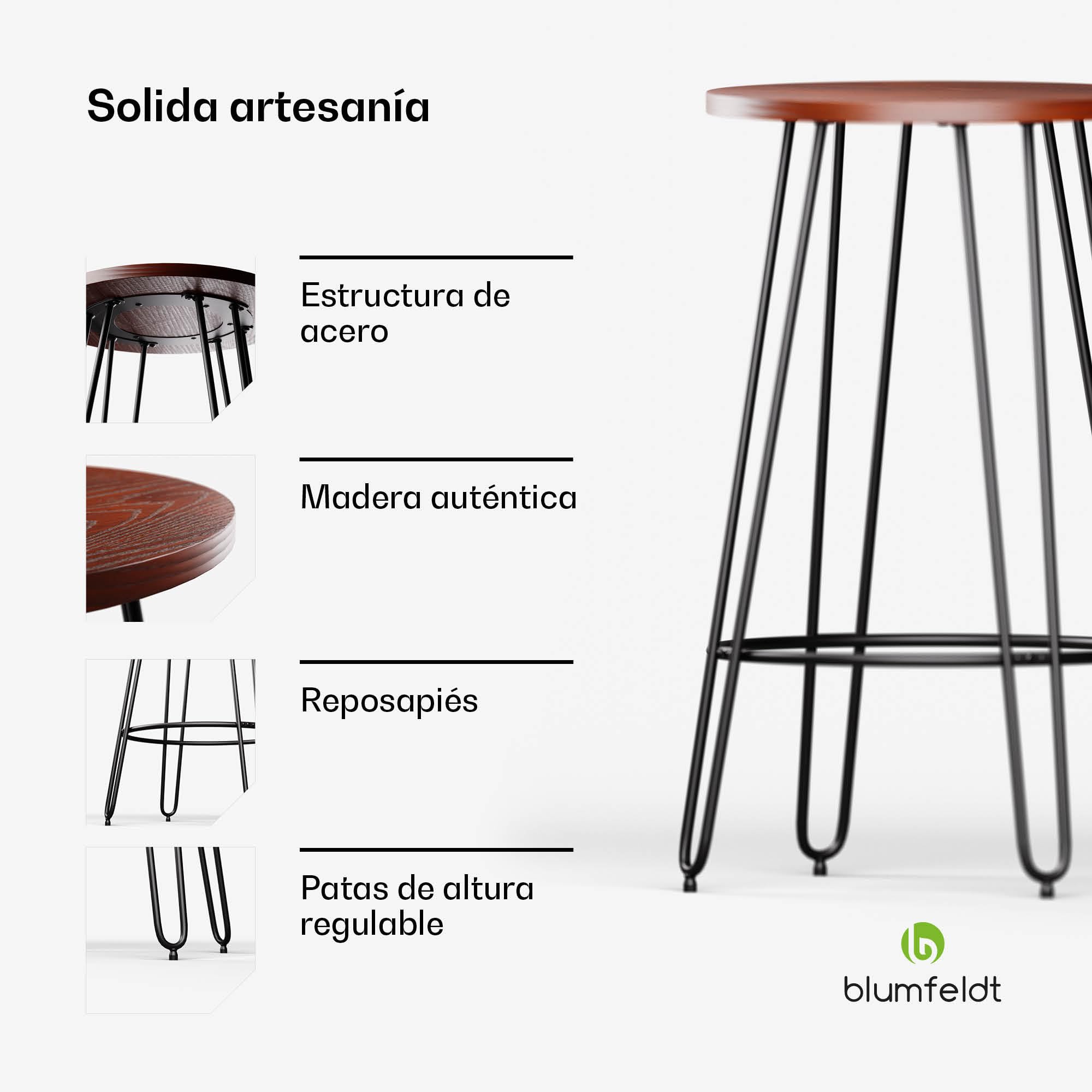 blumfeldt Mesa Bistro, 60cm Madera Caoba, Estilo Industrial, Estructura Acero con reposapiés, Mesa de Bar, Ideal para Cocina & Comedor