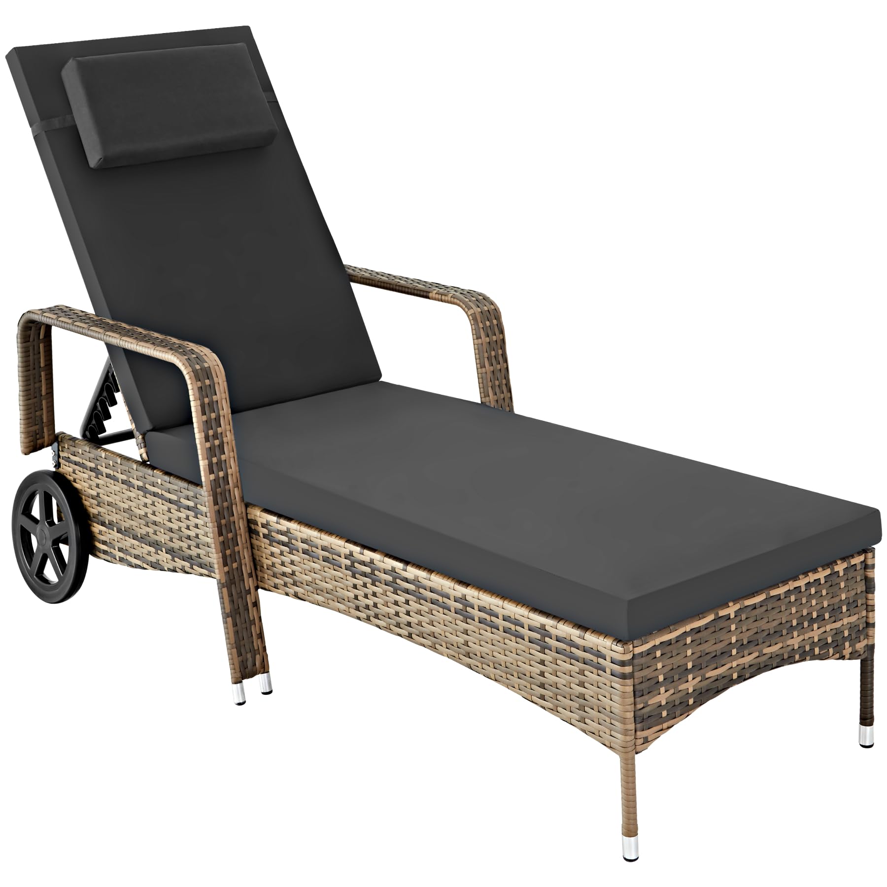 TecTake®, Tumbona Chaise Longue, Ajustable de Poliratán con Ruedas, Mueble Exterior Sofa Acolchado para Jardín y Terraza, 6 Posiciones, Fácil de Limpiar, Moderno, Hamaca de Jardín - Negro