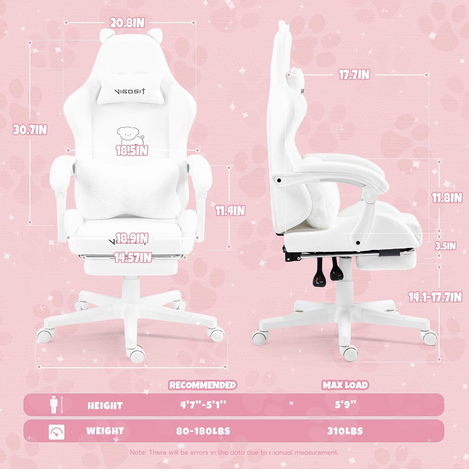 Vigosit Gaming Stuhl Niedlich mit Ohren und Kawaii Kissen, Ergonomische Computer-Spiel-Stuhl für Mädchen mit Lendenwirbelstütze und Fußstütze, Bequeme zurücklehnen PC Gamer Stuhl für Teenager (White)