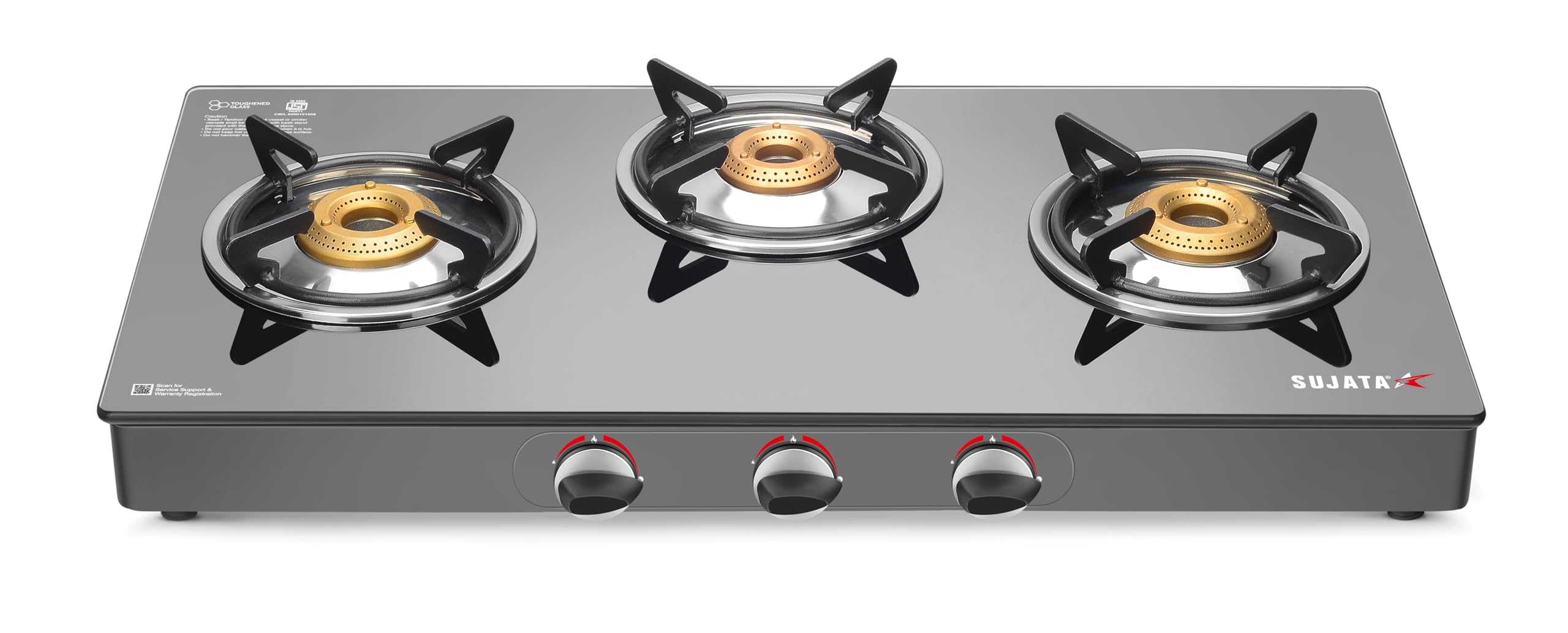 Sujata Gas Stove 3 Burners | 9 Years Warranty | 3 Burner Gas Stove Glass Top, Stove 3 Burner, ISI Certified, SABAF Valve with LPG & PNG Compatible, 360° Nozzle, 8mm Thick Glass (Standard - Black)