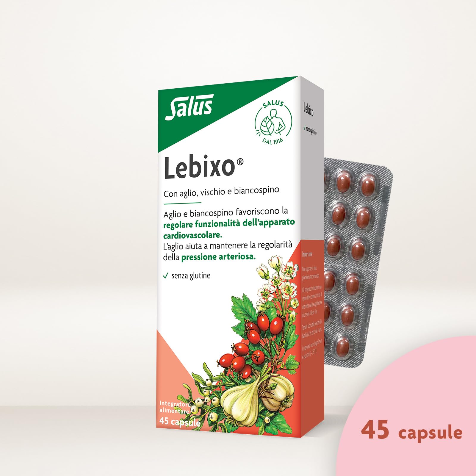 Salus Lebixo - Integratore Alimentare per la regolarità cardiovascolare e della pressione arteriosa, a base di Aglio, Vischio e Biancospino - 45 Capsule