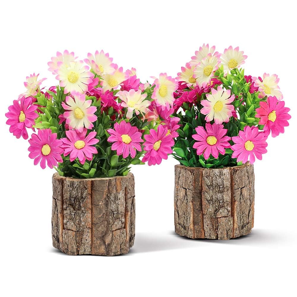 AceList Fiori artificiali margherite finte per decorazione, piccole piante in vaso in vasi in tronchi, margherite rosa centrotavola da tavolo per festa della mamma, casa, camera da letto, casa