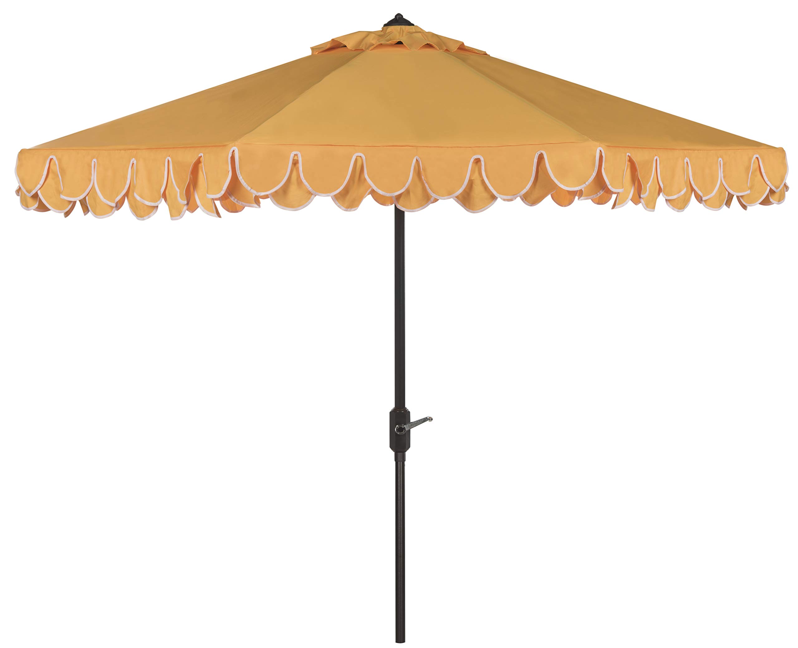 SAFAVIEH 9ft Outdoor Patio Umbrella, Round, Valance, Yellow & White Trim, Auto Crank Tilt, UV Resistant for Deck, Backyard, Poolside (PAT8006B)
