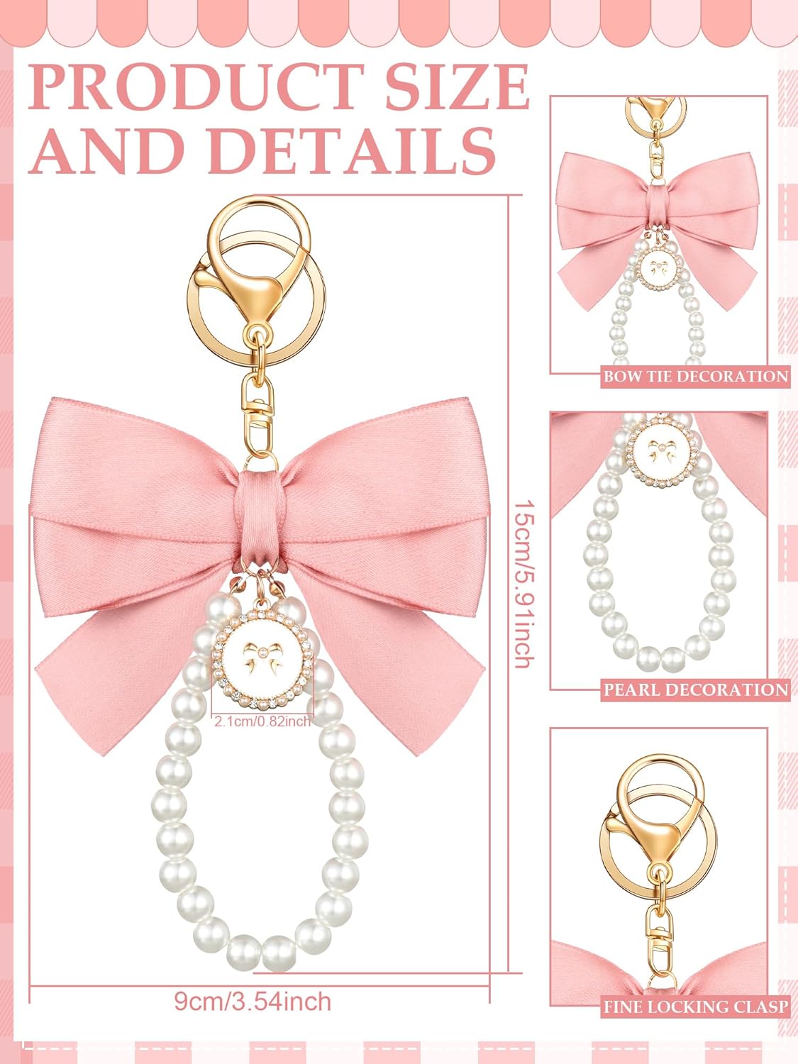 Sureio Pink Bow Keychain Coquette Pearl Bowknot Keyring Bulk Wristlet Keychain Vintage Ribbon Purse Charm for Women Handbags - Image 2