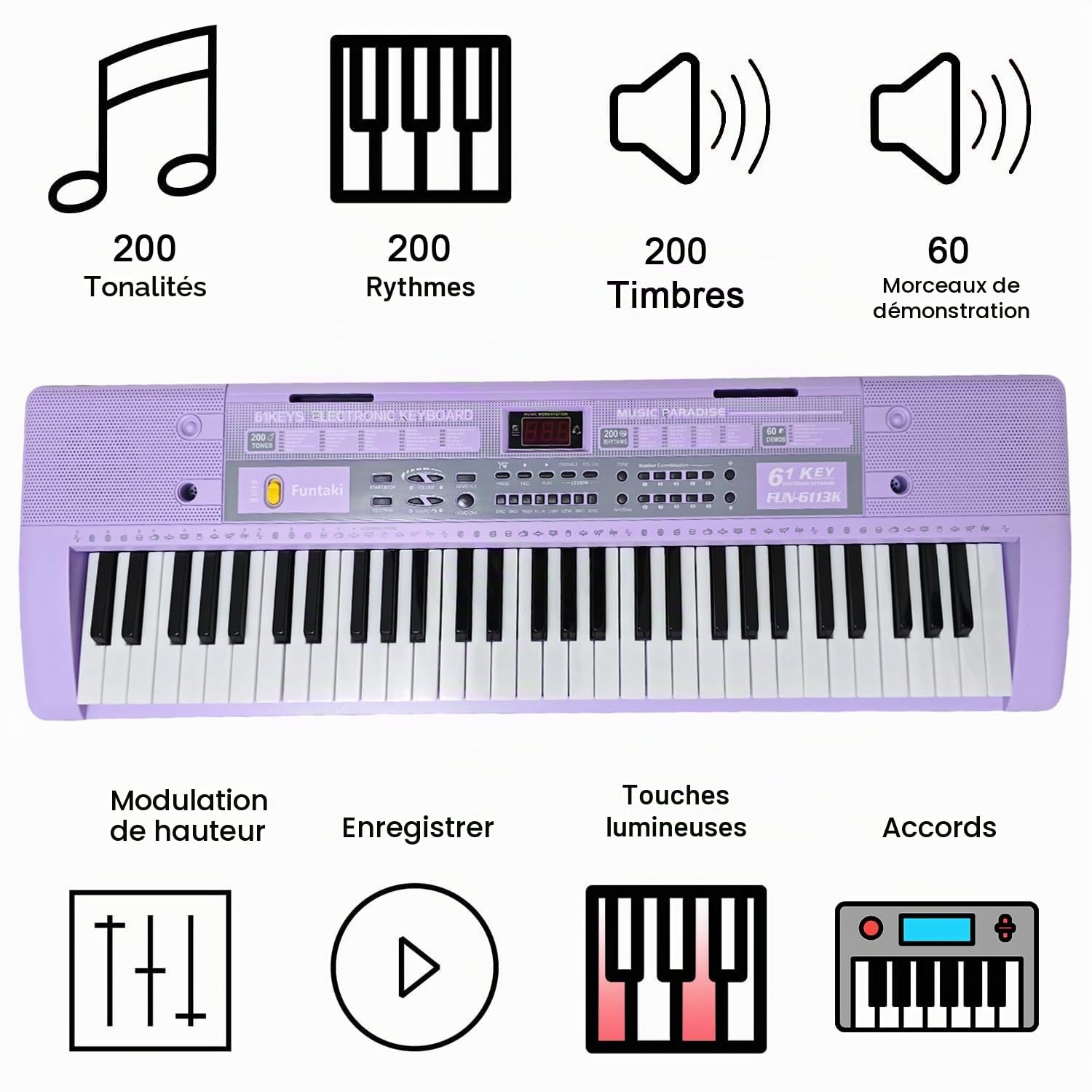 Clavier de piano électrique à 61 touches avec touches éclairées, synthétiseur numérique portable avec support, mini clavier musical pour débutants, enfants et adultes Violet