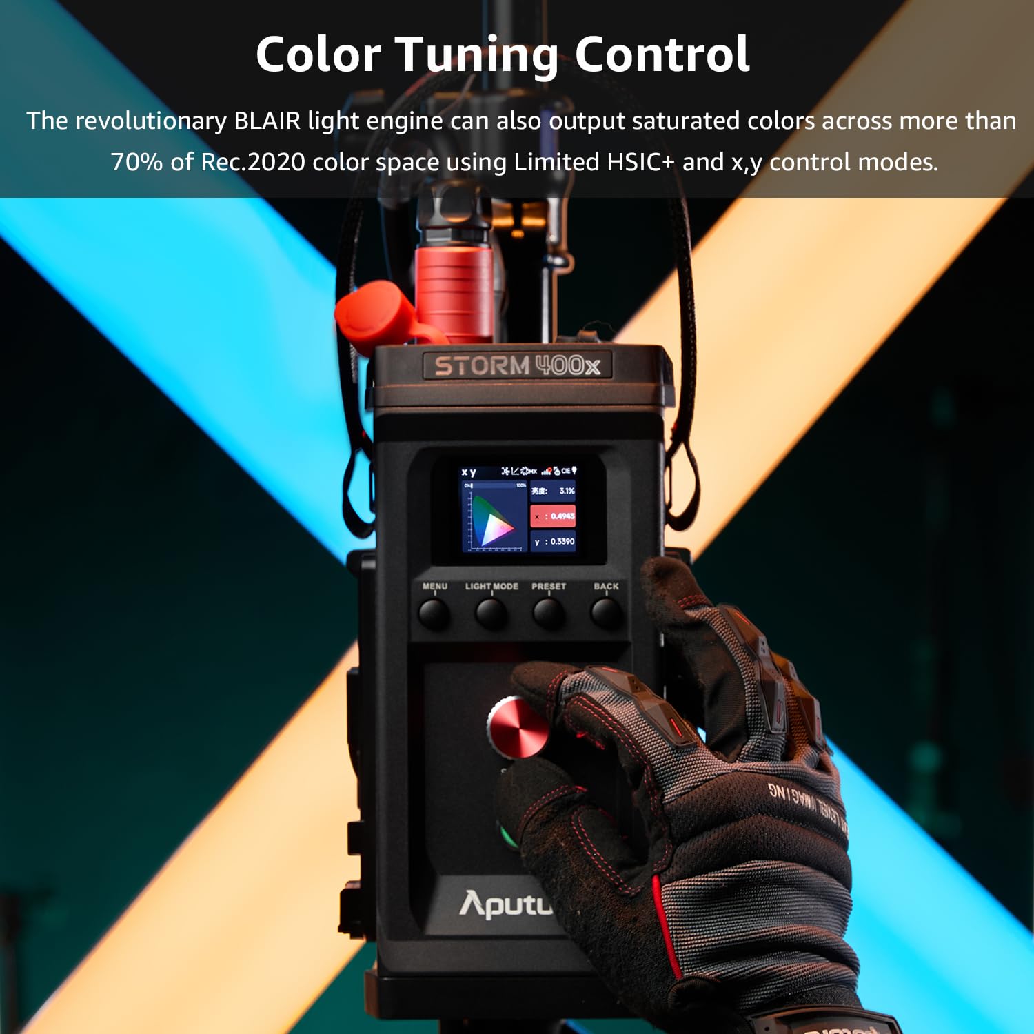 Aputure Storm 400x Luz LED 400W Bicolor Profesional, Chip Blair, IP65, CRMX, DMX512, App Sidus Link, Montura Bowens