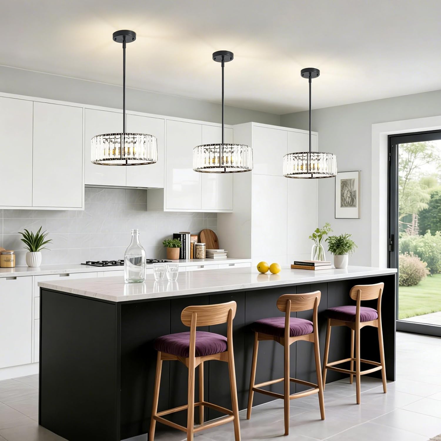 Black Crystal Chandelier for Dining Room,Modern Semi Flush Mount Ceiling Light Fixtures,3-Ligh Round Kitchen Hanging Drum Pendant Light Fixture for Hallway Entryway Foyer Laundry Room, 12''