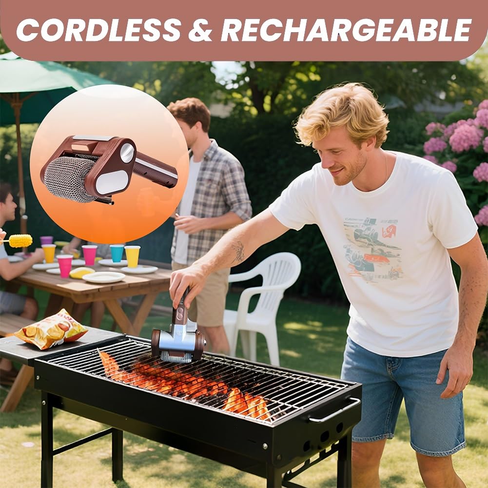 Limpiador eléctrico inalámbrico para parrilla de barbacoa, cepillo recargable de acero inoxidable 304 con luz LED de 350 rpm, apto para lavavajillas, ideal para cocinar al aire libre y acampar