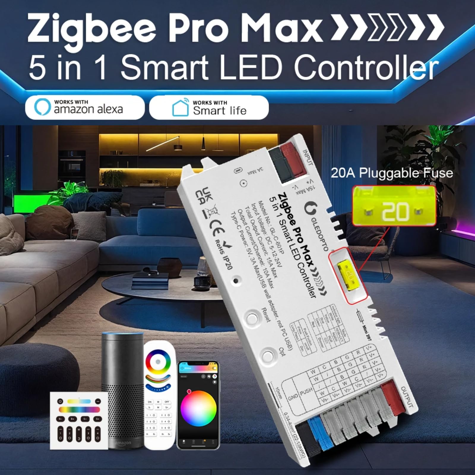 GLEDOPTO ZigBee Contrôleur LED 3.0, 5 en 1 RGBCCT RGBW RGB CCT Variateur Couleur Blanc 20A Sécurité Connectée App Contrôle Vocal Compatible avec Alexa H*ue Tuya Smart Life App Contrôle