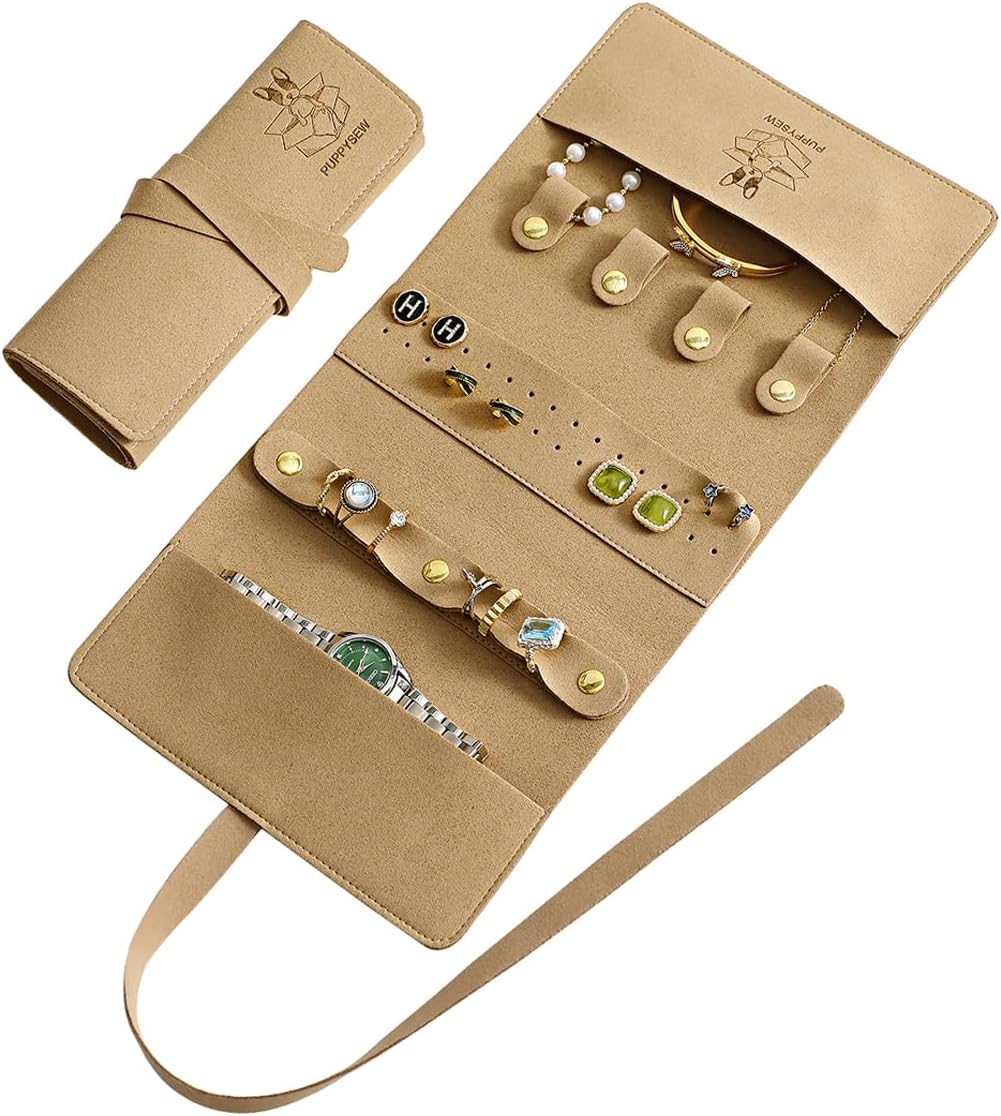 Microfiber Travel Jewelry Storage Roll Jewelry Storage Bag Jewelry Roll Suitable for daily and travel use, large capacity, light and easy to carry (Khaki)