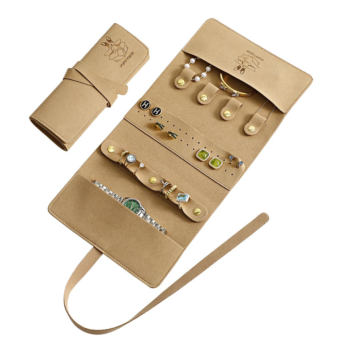 Jewelry storage roll travel jewelry bag, suitable for daily and travel use, very suitable for earrings, rings, necklaces, bracelets, large capacity without creases, lightweight, portable(Khaki)