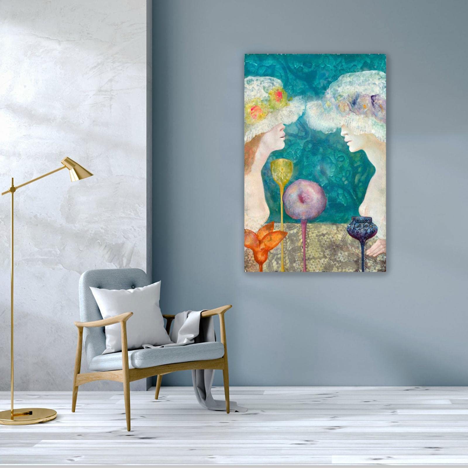 Leonor Fini sztuka ścienna oprawione słynne obrazy dwie kobiety w kapeluszach 'Surrealizm Giclee' nadruk na płótnie - reprodukcja na płótnie - obrazy graficzne do dekoracji salonu 35 x 55 cm oprawione