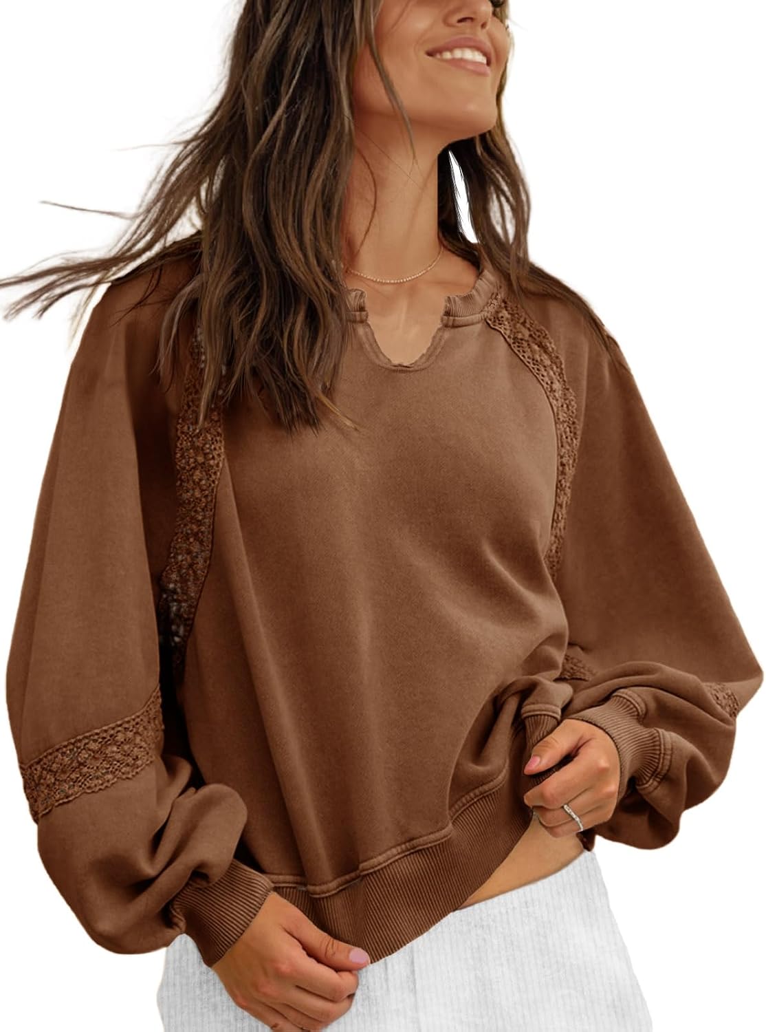 Fisoew Womens Casual Sweatshirt Lantern Long Sleeve V Neck Lace Loose Fit Fall Pullover Tops Coffee