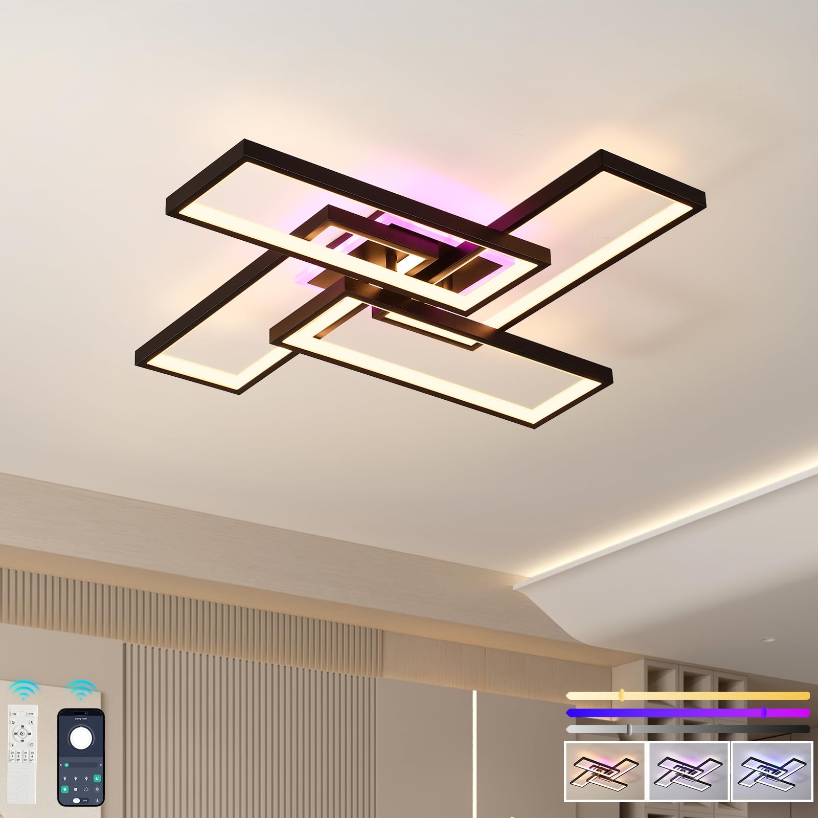 Plafoniera LED Soffitto 50W, Dimmerabile, 4 Rettangoli, Nero,3000LM | Lampadario Moderno 3000-6000K con Telecomando e APP, Luce RGB Sincronizzata per Soggiorno, Camera da Letto, Ufficio, Cucina