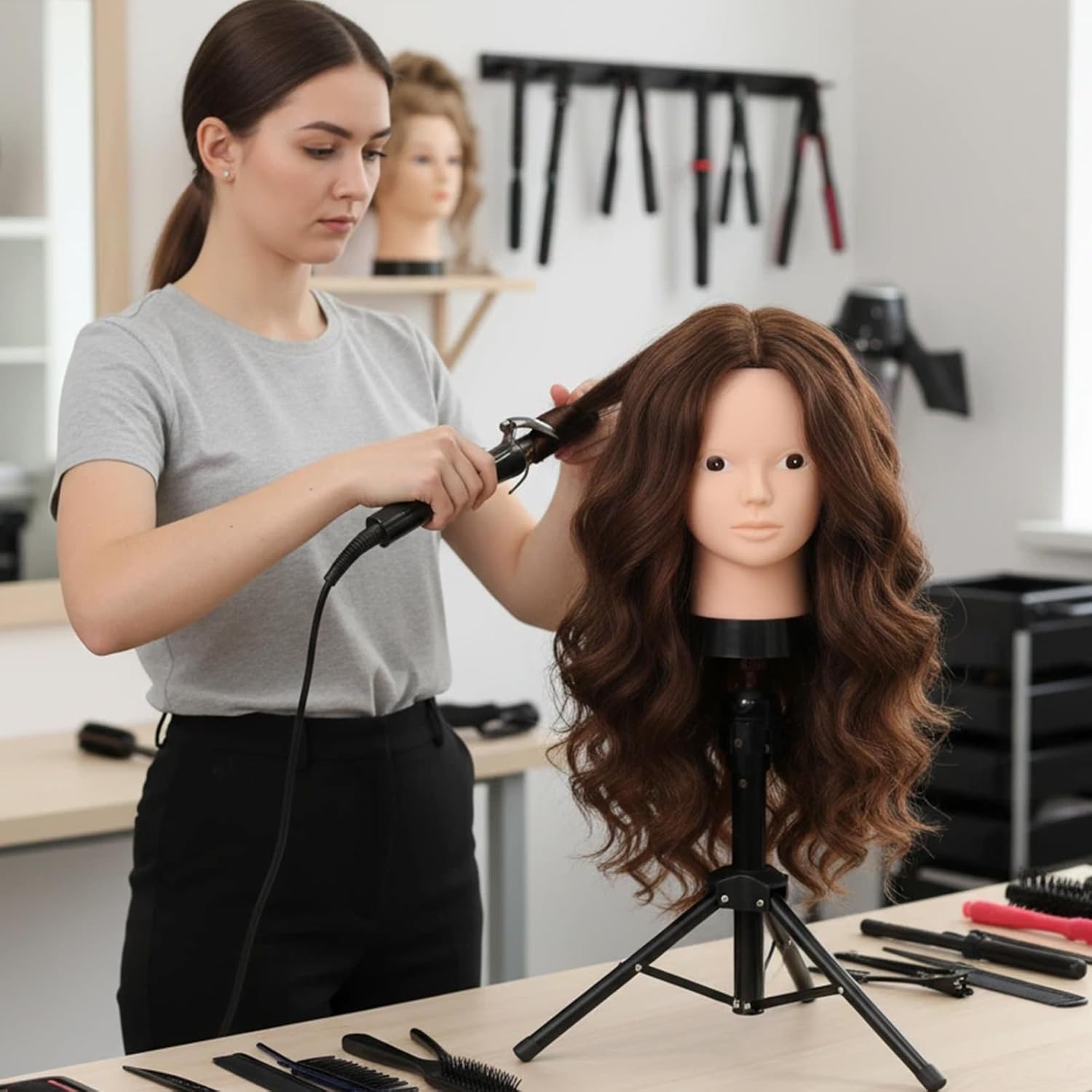 Mannequin Head Human Hair, Beauty Star Doll Head for Practice Hair Styling, 80% Real Hair Cosmetology Makeup Hairdressing Training Manicanequin Head with Clamp Stand + DIY Braiding Set
