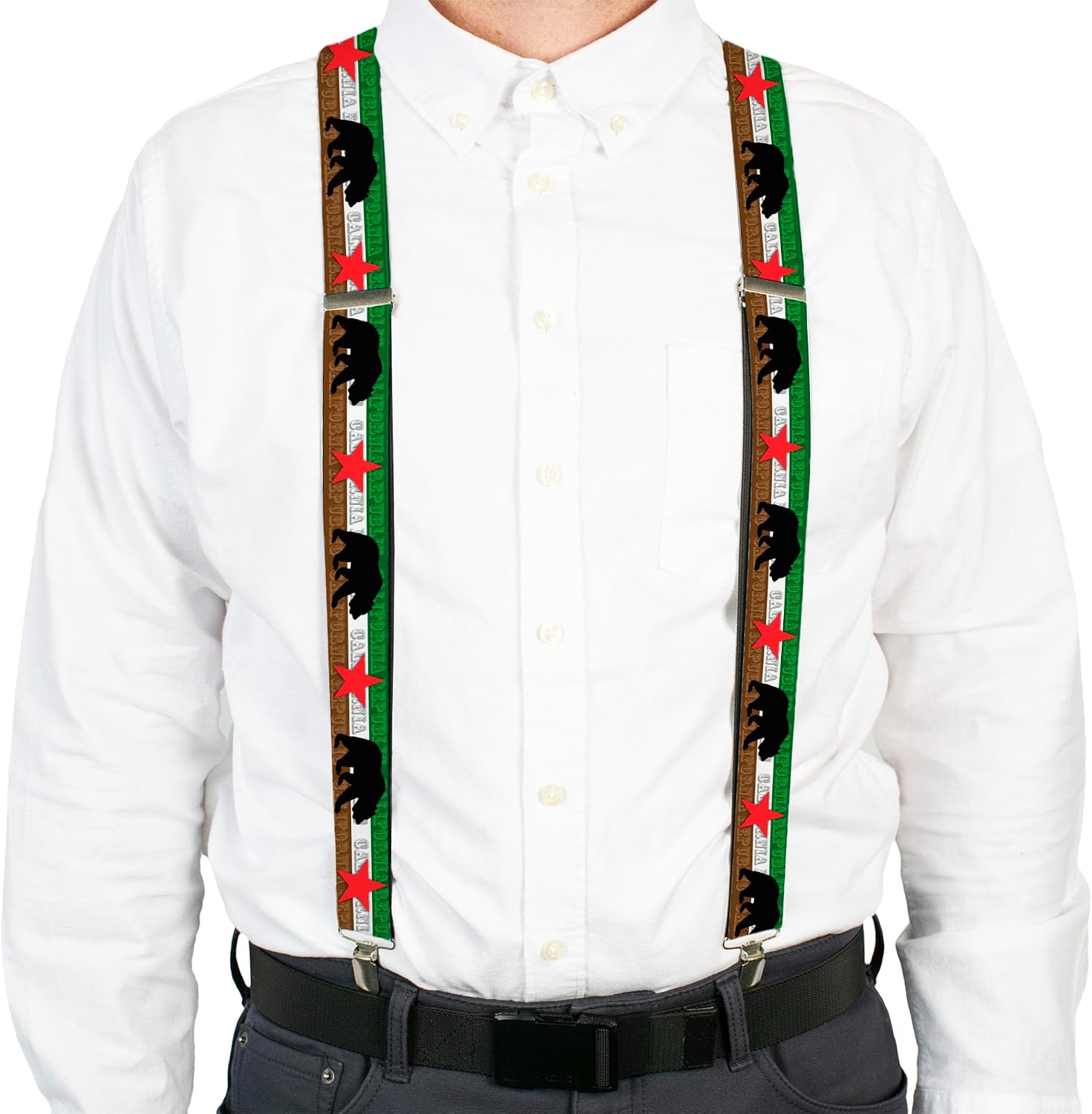 Buckle-Down Suspenders, Cali Bear Star California Republic Green White Brown Black