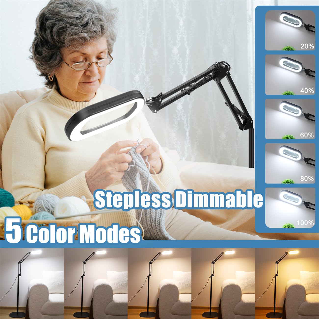IVMAIE Lupa de 10 aumentos con luz y soporte, lámpara de pie 3 en 1 con abrazadera, 5 modos de color, LED regulable, lupa de pie con luz manos libres para trabajos cercanos, costura, pintura, lectura