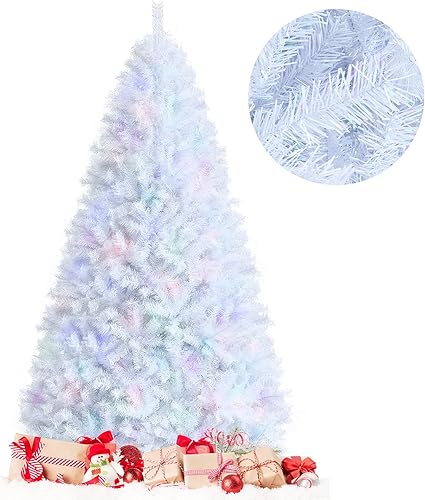 Miniatura 9 de Goplus Árbol de Navidad artificial blanco de 8 pies, pino de Navidad completo sin luz con bisagras con 1636 puntas de ramas iridiscentes y soporte
