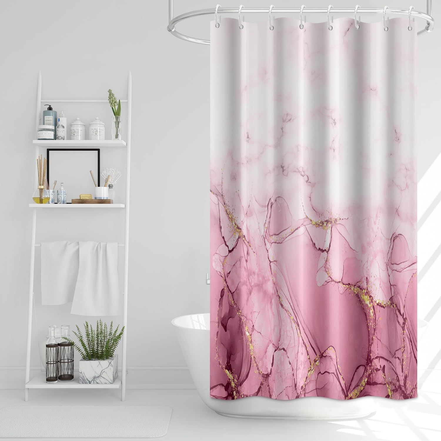Rideau de douche imperméable effet marbre rose avec œillets et crochets robustes