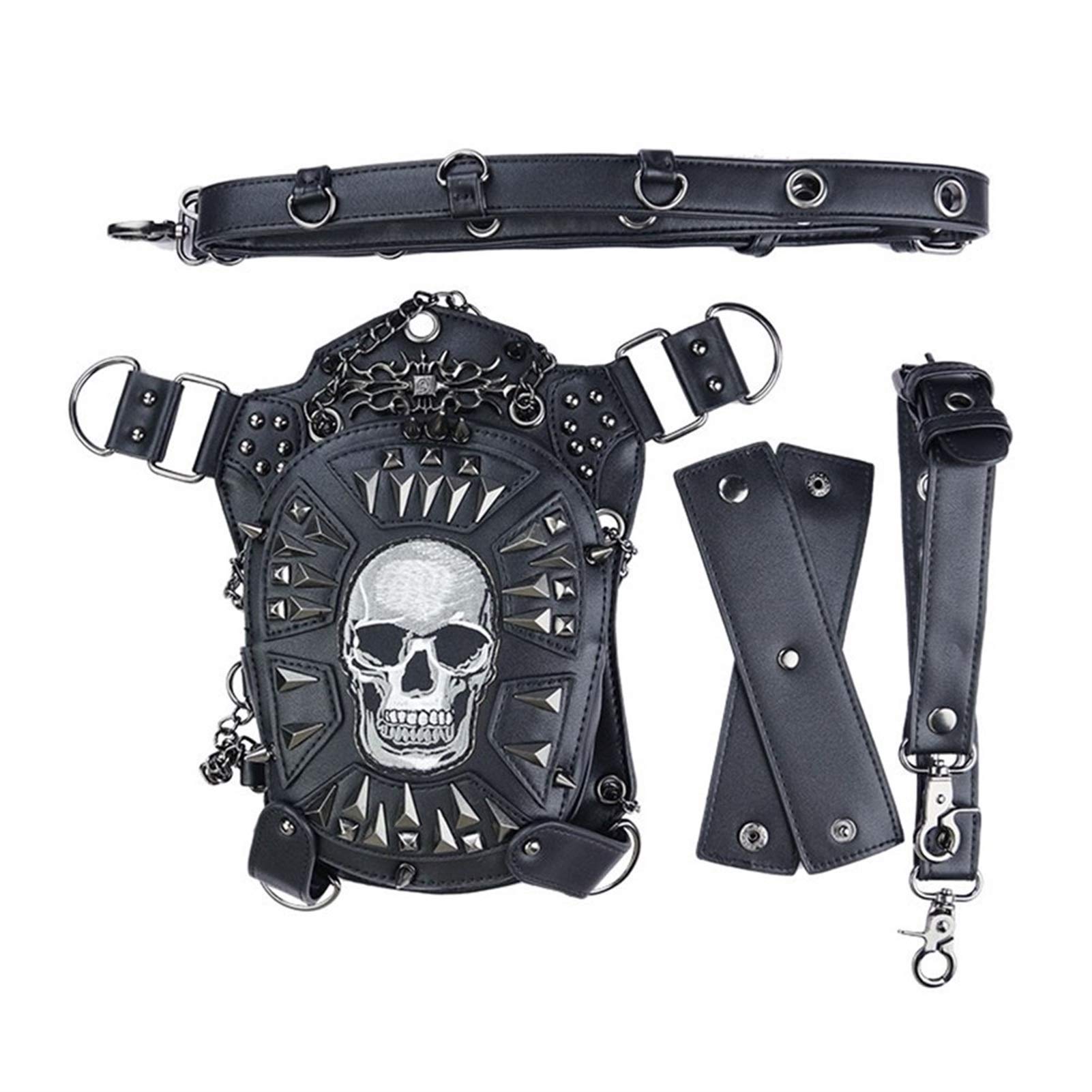 Pu-Leder Frauen Gürteltasche Nieten Schädel Crossbody Umhängetasche Motorrad Drop Bein Gürtel Taschen Punk Rock Nachricht Tasche Hüfttasche Männer Adjustable (Color : Black)