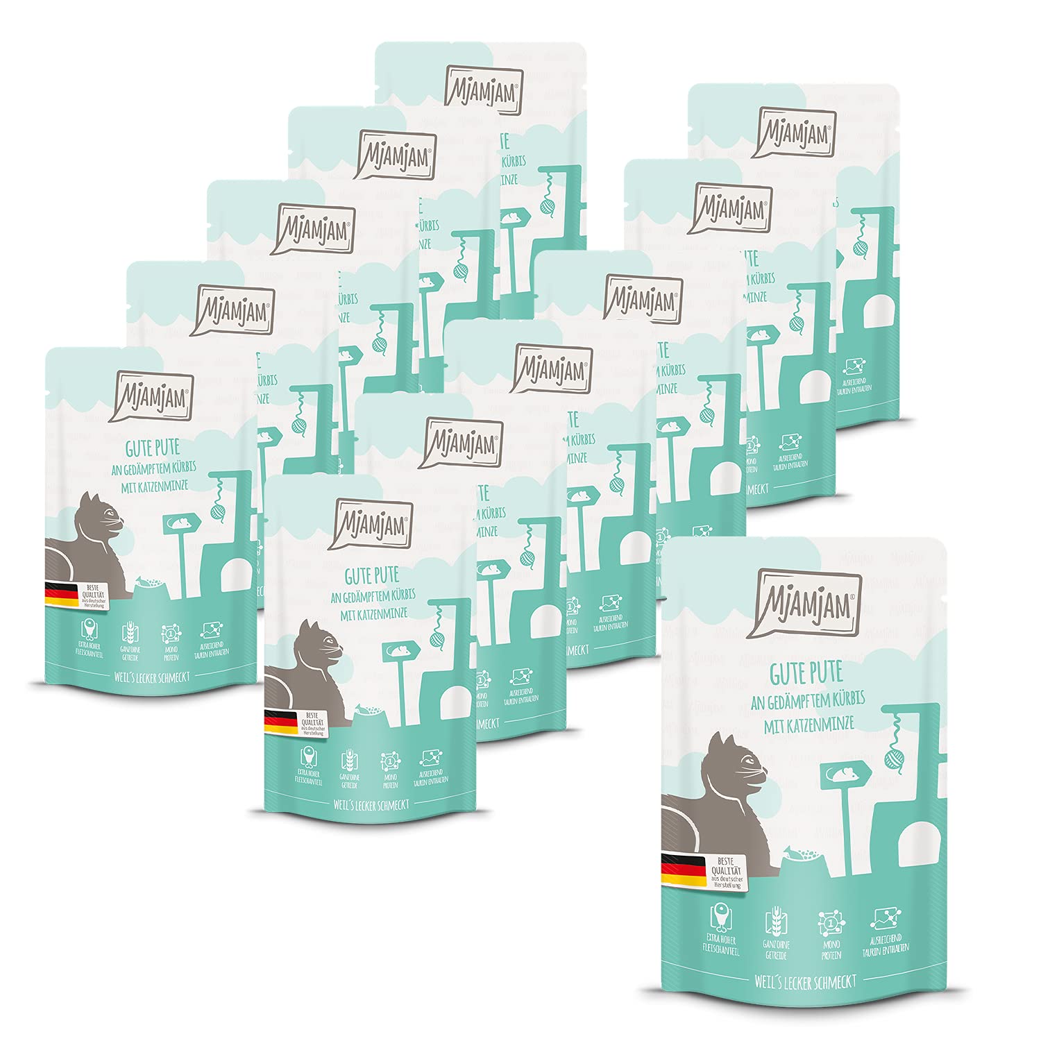 MjAMjAM - comida húmeda premium para gatos - Quetschie - buen pavo con calabaza al vapor, pack de 12 (12 x 125 g), sin cereales con extra de carne