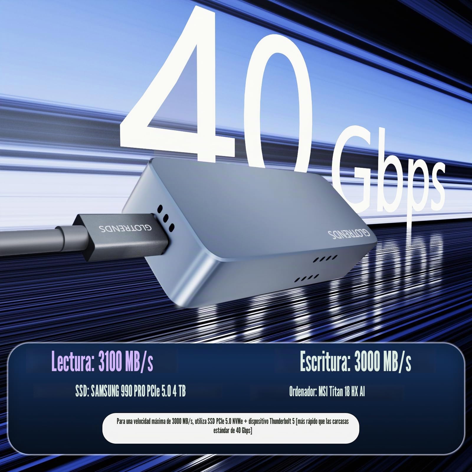 GLOTRENDS EM6007 Carcasa SSD M.2 NVMe de 40Gbps, Compatible con Thunderbolt 5/4/3/USB4 y USB 3.2(10Gbps)/3.1/3.0/2.0, hasta 3.000 MB/s con Bus PCIe 3.0 x4, Soporta SSD de 8TB