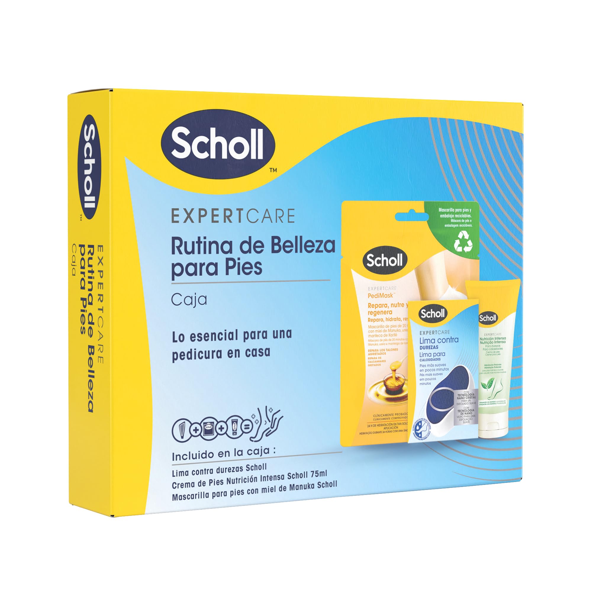 Scholl Rutina de belleza para piès: mascarillas para pies con miel de Manuka, Lima para pies ExpertCare para durezas y Crema de Pies Nutrición Intensa para Pieles Duras 75ml - Regalo para mujeres