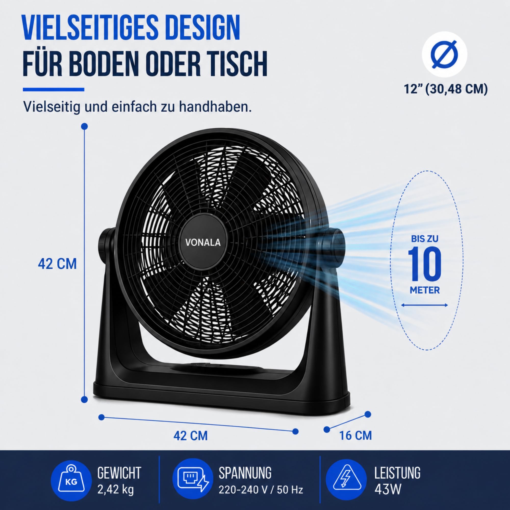 Vonala Industrieller Boden- und Wandventilator, leistungsstark, 50 cm, leise, ABS, vibrationsfrei, für den Außen- und Innenbereich, schwarz, leistungsstark, leise, 73 Watt