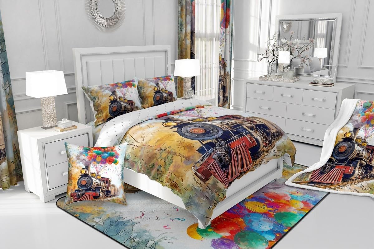 Feelyou Vintage Steam Train Bedding Set Soft for Boys Girls, 3D Old Style Train Comforter Set Queen Size Classic Railway Retro Duvet Quilt Microfiber Balloons Bedroom Decor 3 Pcs with 2 Pillow Cases