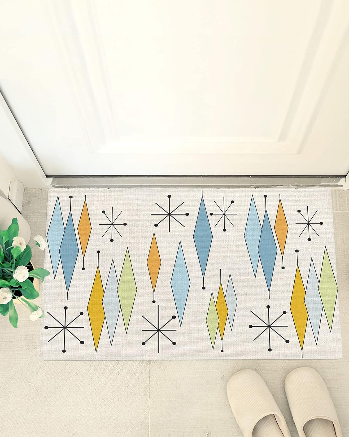 Shag Door Mats Bath Rugs Blue Orange Abstract Diamond,Soft Fluffy Doormats Non Slip Carpet Geometric Rhombus Vintage Linen,Shaggy Fuzzy Area Throw Rug for Kitchen/Bathroom/Bedroom/Living Room 16x24In