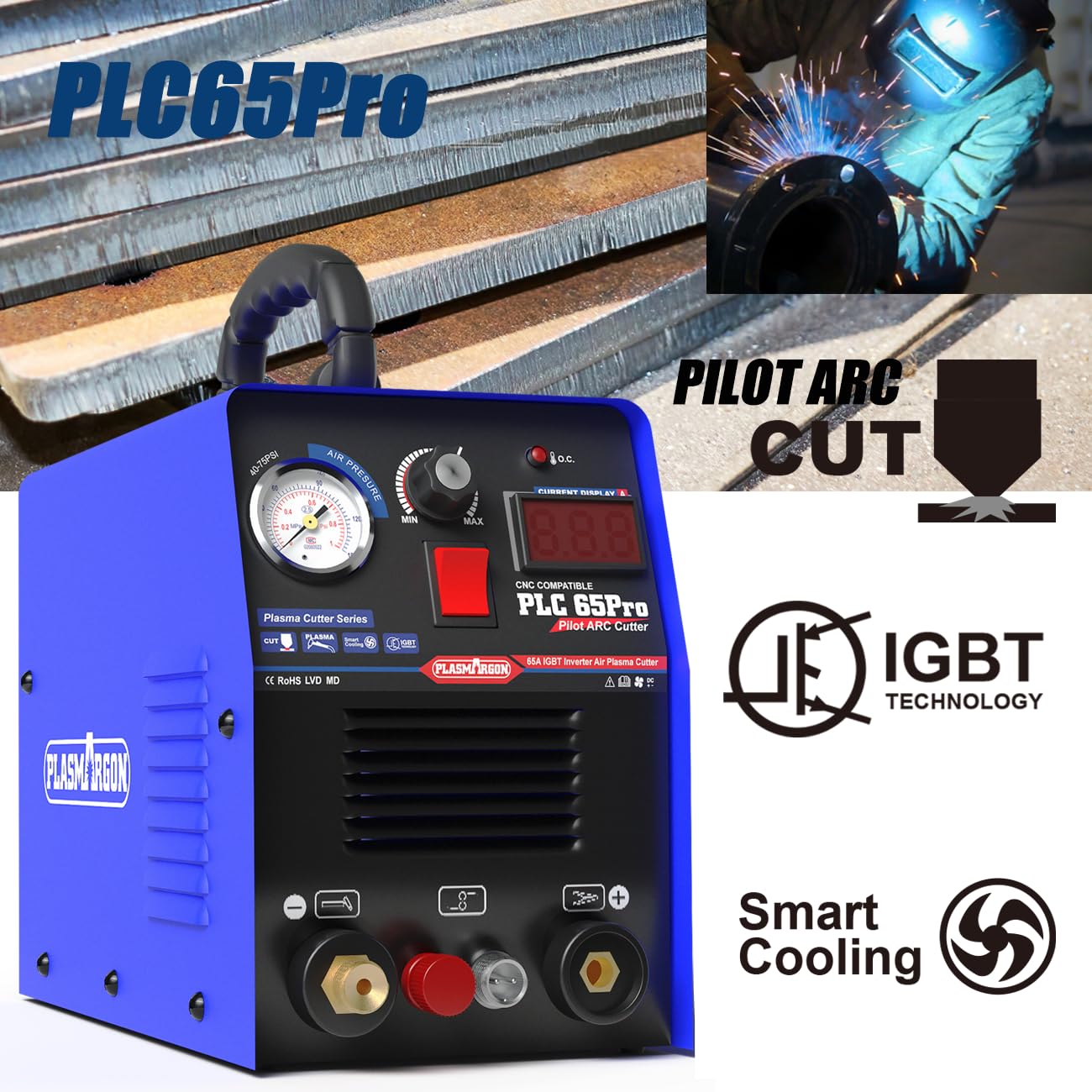 Pilot Arc Plasma Cutter PLC65P 65A Máquina de corte de plasma Dula Voltaje 110/220V Tecnología IGBT Cortador de plasma no táctil P80 Touch 3/5 Clean Cut