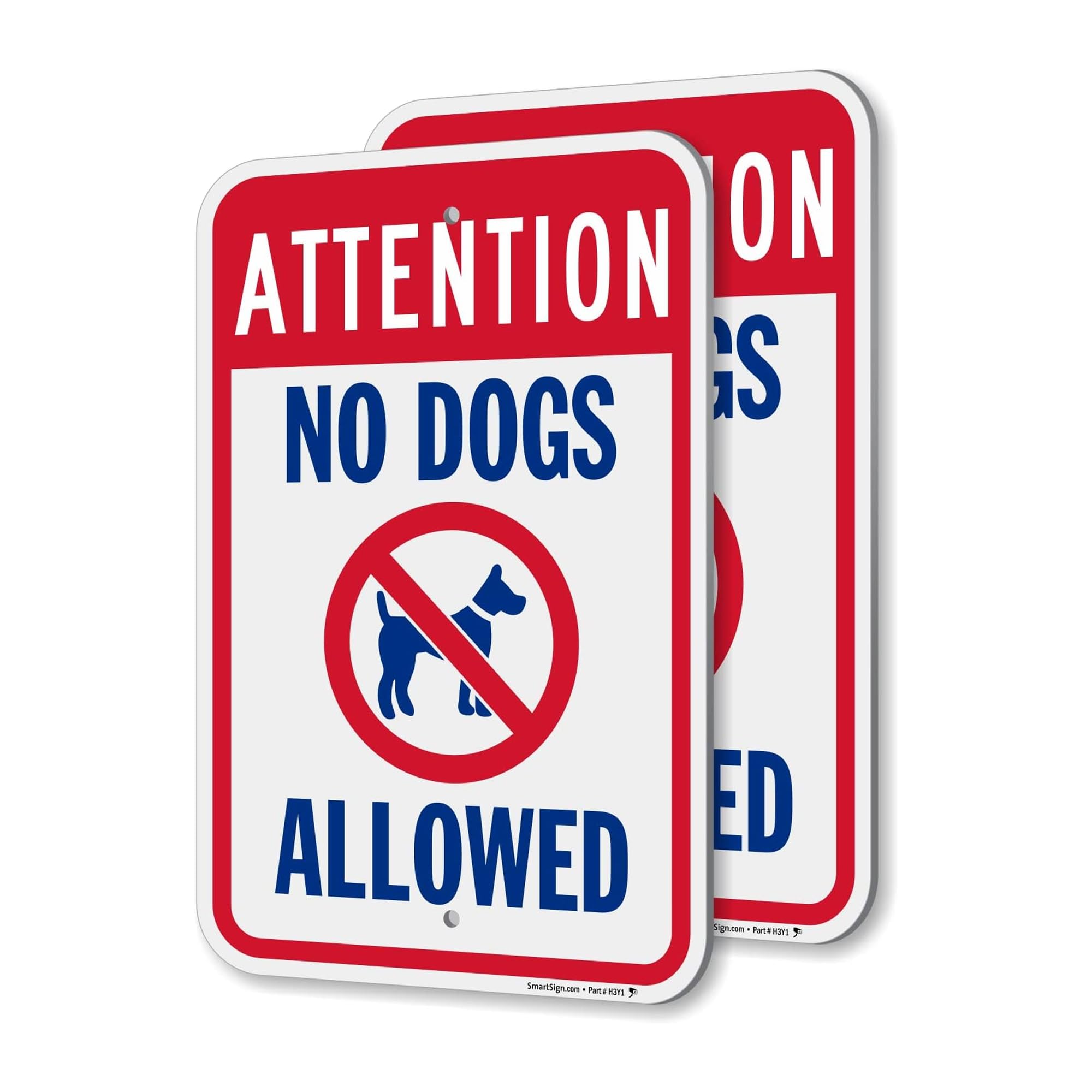 SmartSign Cartel de atención no permitido perros – Paquete de 2, 18 x 12 pulgadas, compuesto de aluminio de 2 mm, agujeros preperforados, azul/rojo sobre blanco