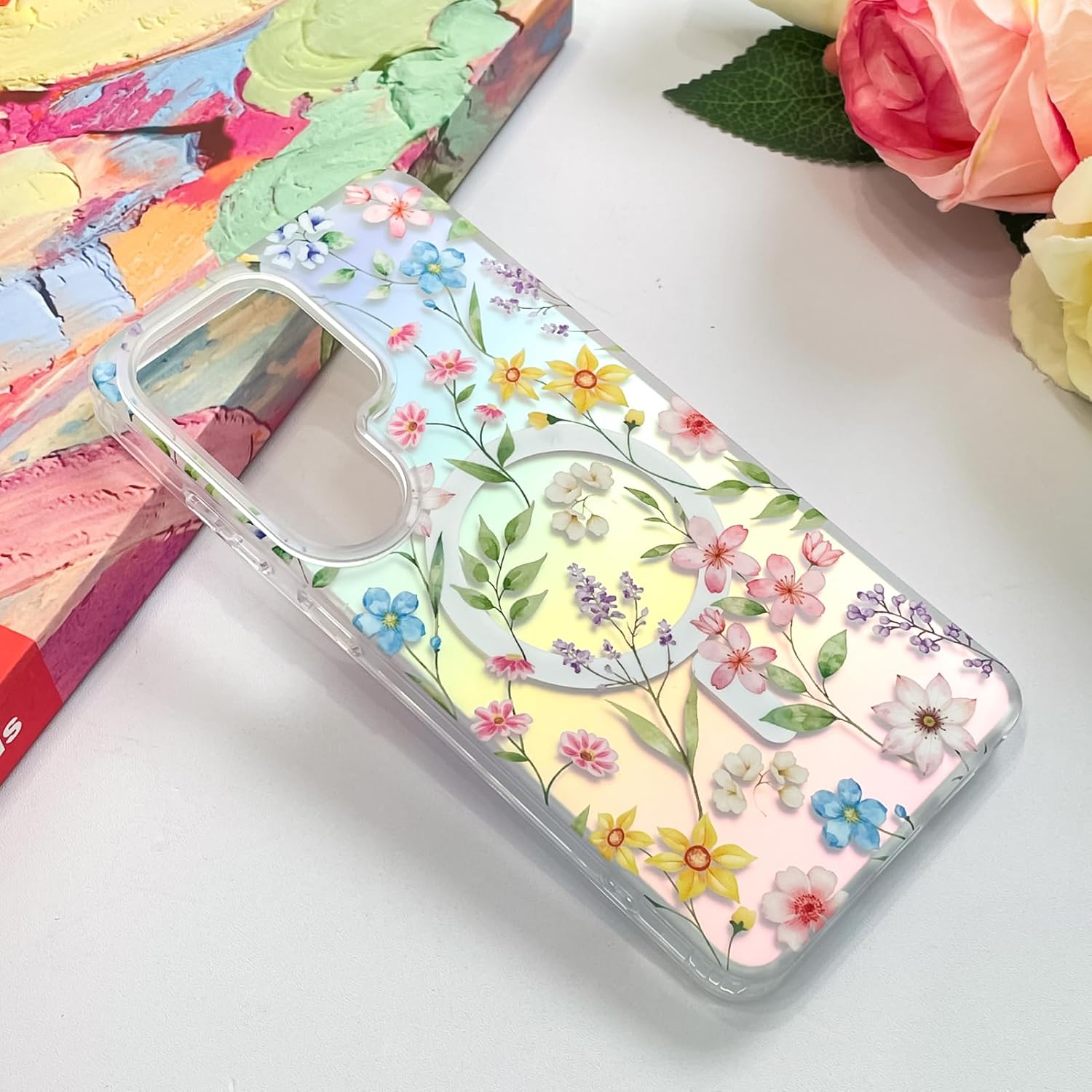OOK Case for Samsung Galaxy S26 Ultra, Vibrant Floral Garden Design, Color-Shifting Iridescent Glow, Compatible with MagSafe - Fluorescent Glitter Bling Shockproof Magnetic Cover for Women Girls
