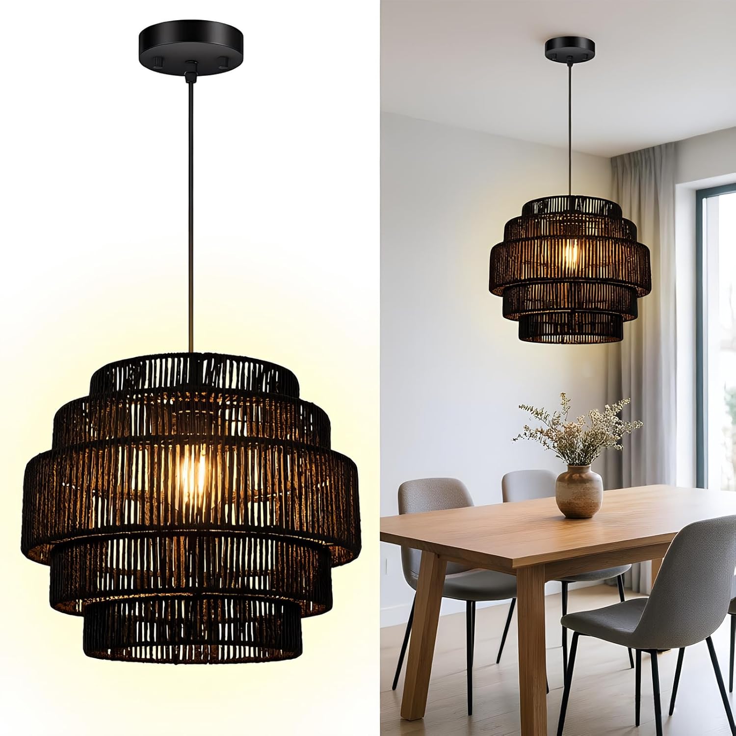 BoostArea Boho Rattan Chandelier Light,5-Tier Hand Woven Lampshade Ceiling Pendant Light Fixture,13” Farmhouse Chandelier Hanging Light for Living Room,Kitchen Island,Bedroom,Adjustable Cord,Black