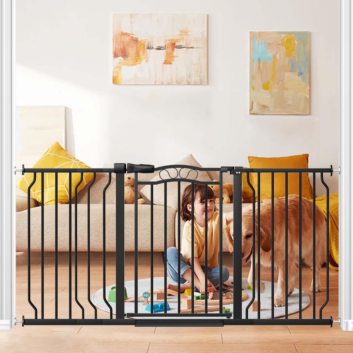 Fairy Baby 53.1″-62.5″ Extra Wide Baby Gates for Stairs & Doorways, Long Baby Safety Child Toddler Gate Pressure Mounted No Drill, Metal Auto Close Large Pet Dog Gate Walk Thru Indoor Outdoor, Black