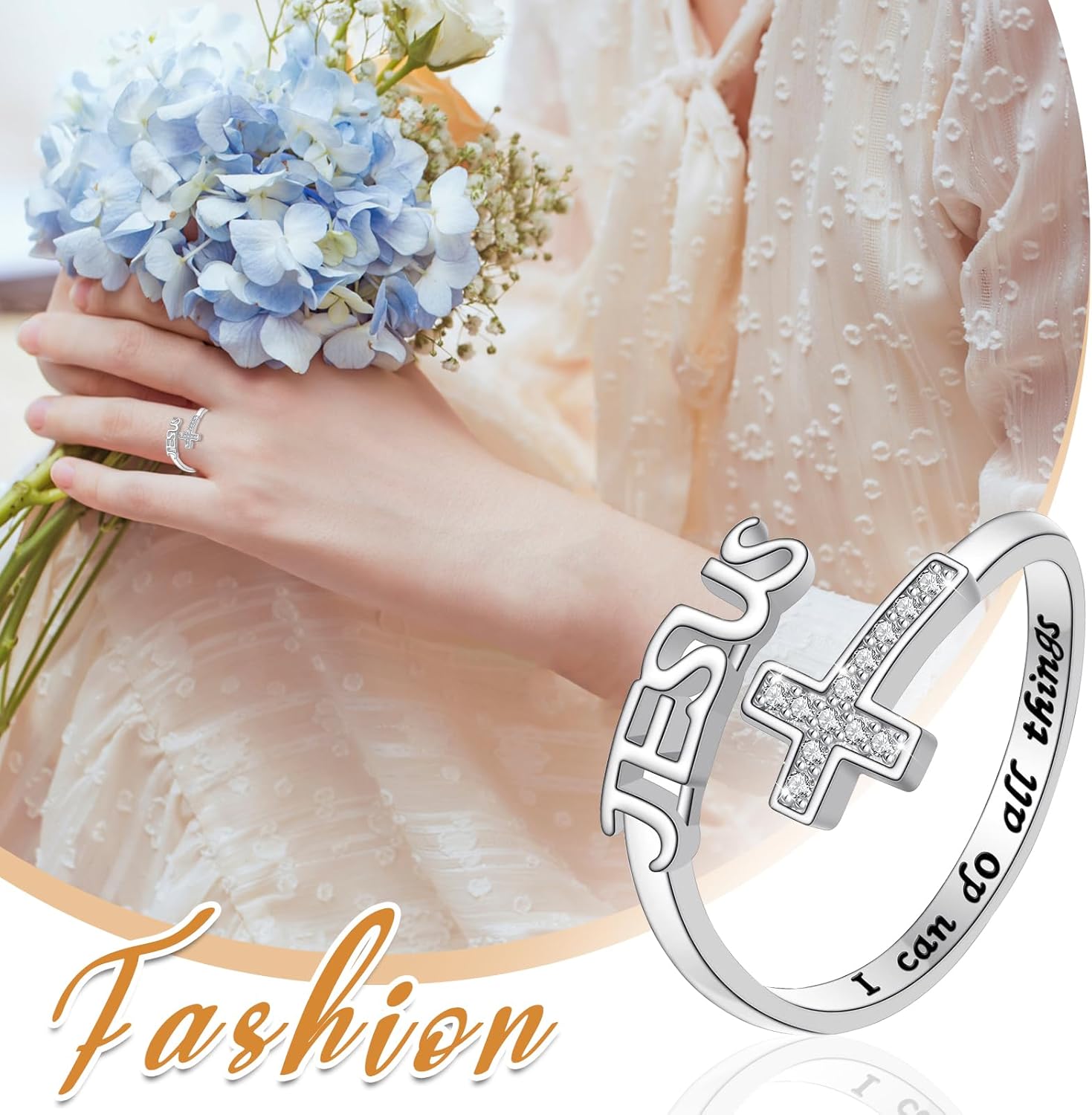 Jesus Cross Open Statement Ring: Adjustable English Bible Prayer Cross Pinky Rings for Women Birthday Valentines - Image 3