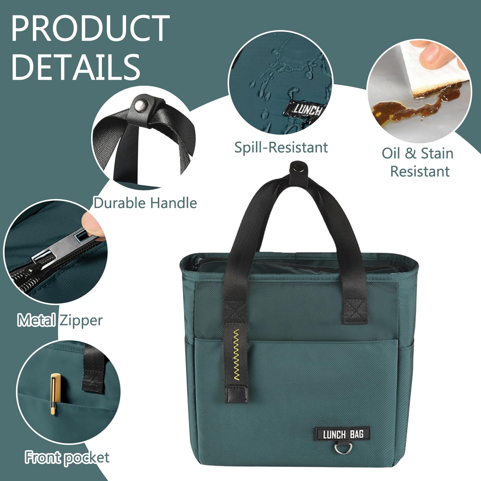 JSTHHTT Bolsa Termica Porta Alimentos, Lonchera Aislada Bolsa, Loncheras de Trabajo, Bolsa Comida Trabajo Viajes, Adecuado para el Trabajo, Viajes, Picnic, Oficina (Verde) — view 3