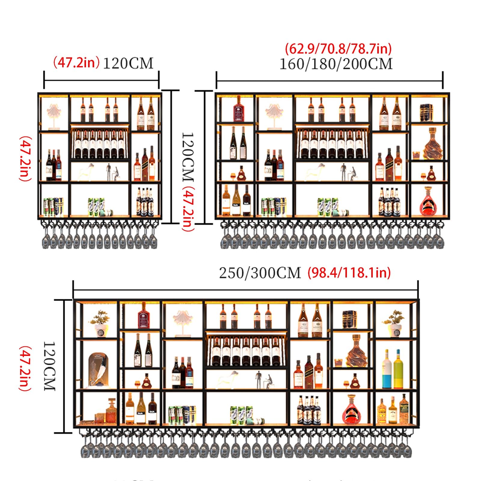 Portabottiglie da parete con luce a LED, 198,1 cm, in metallo, elegante contenitore per casa, bar, design salvaspazio, perfetto per gli amanti del vino e gli appassionati di decorazione.