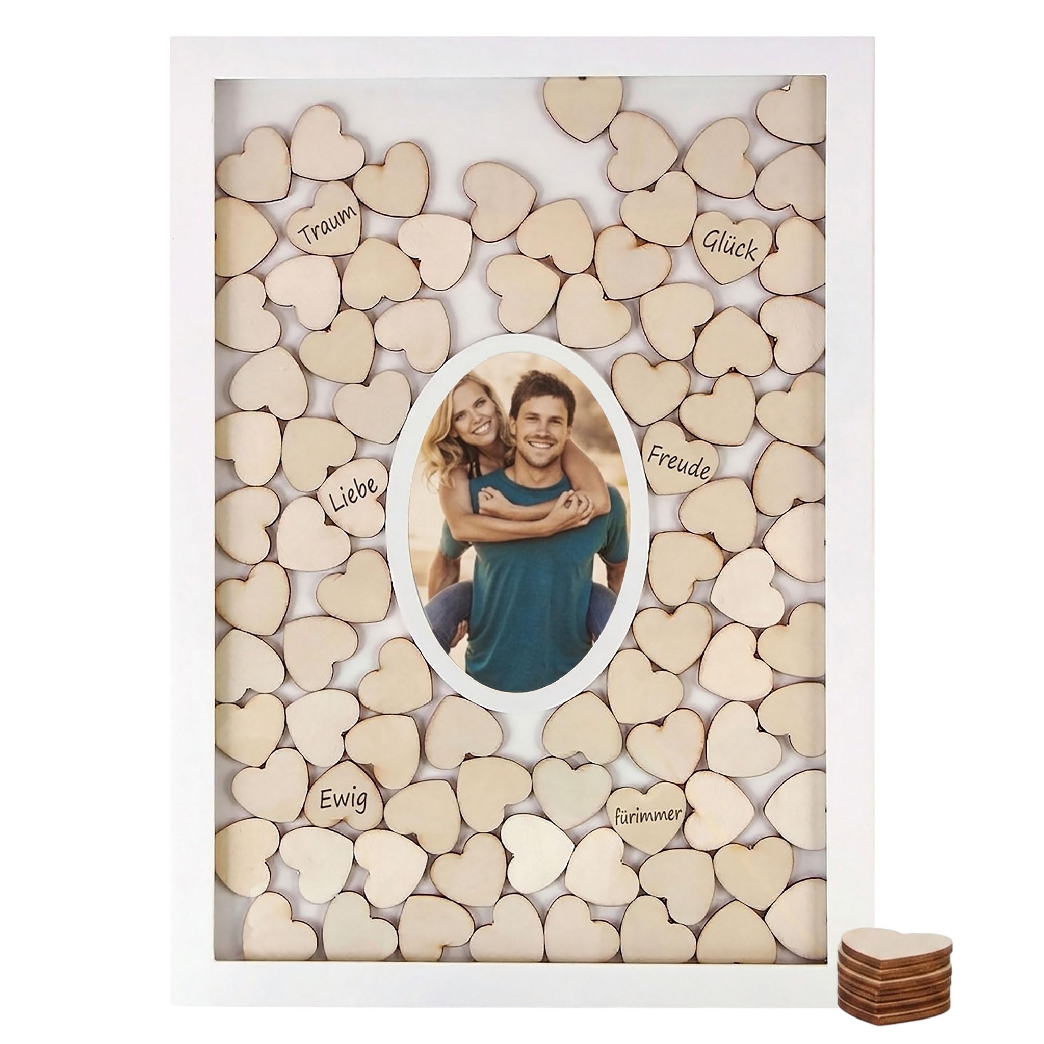 Livre d'or Spetebo avec cadre photo et 72 cœurs en bois sur lesquels écrire - Idéal pour un mariage