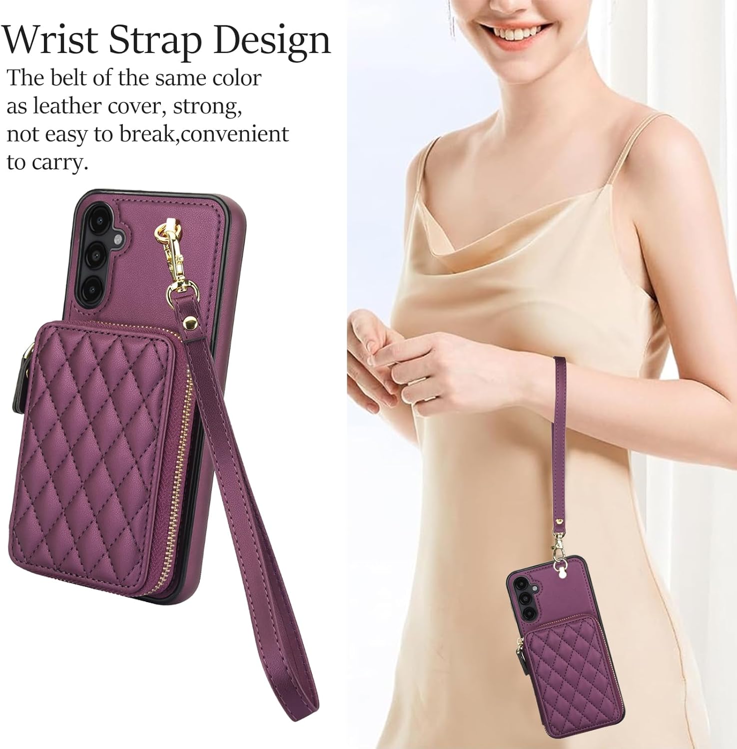Phone Case for Samsung Galaxy A16 5G/4G Wallet Cell Cover with Tempered Glass Screen Protector Wrist Crossbody Strap Lanyard Stand RFID Blocking Credit Card Holder Slot A 16 Women Girls Dark Purple