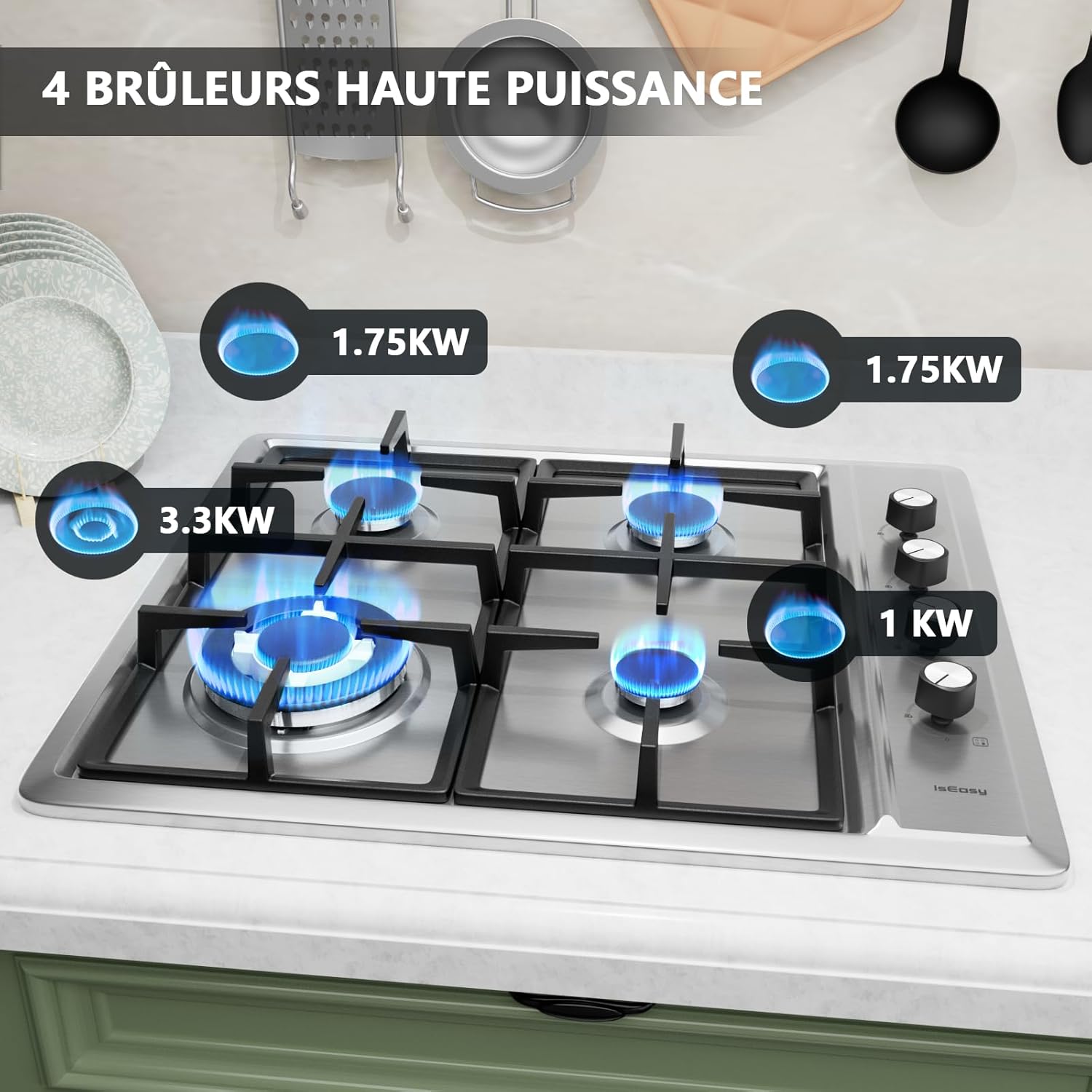 IsEasy gas hob showing the four burners with their respective power ratings in kilowatts.