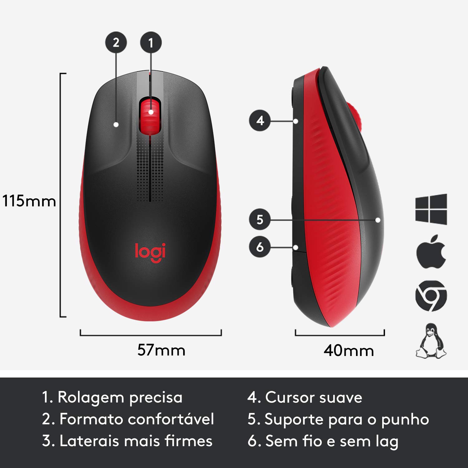 Mouse sem fio Logitech M190 com Design Ambidestro de Tamanho