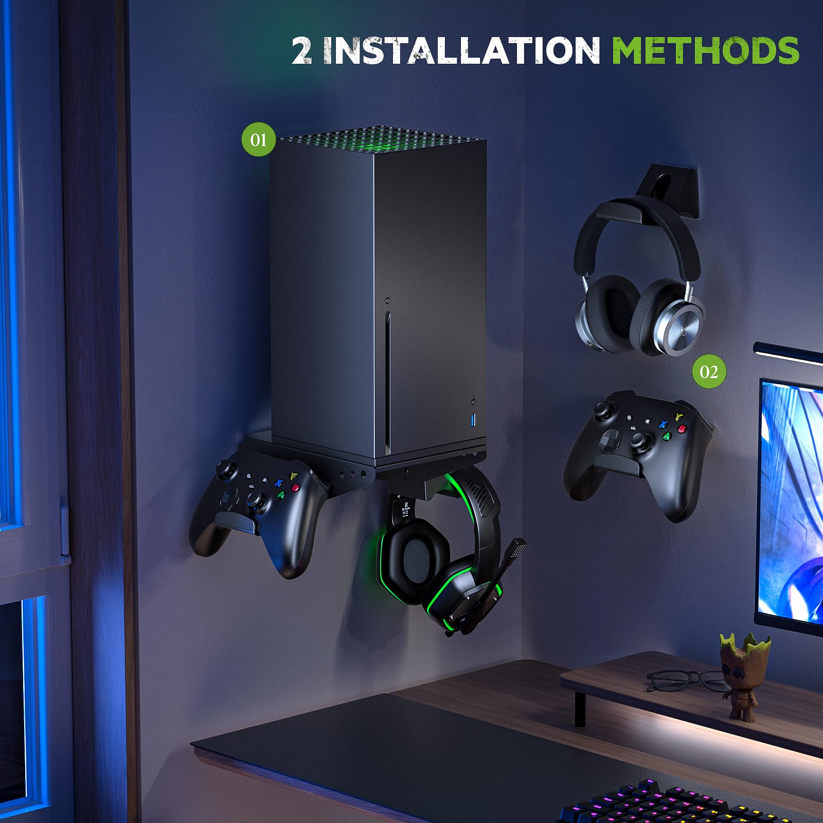 Aceshop Soporte de Pared para Xbox Series X, 4 en 1 Girado Soporte de Pared Xbox Series X con Soportes con Controlador Desmontable y Soportes para Auriculares para Ventilación y Ahorro de Espacio