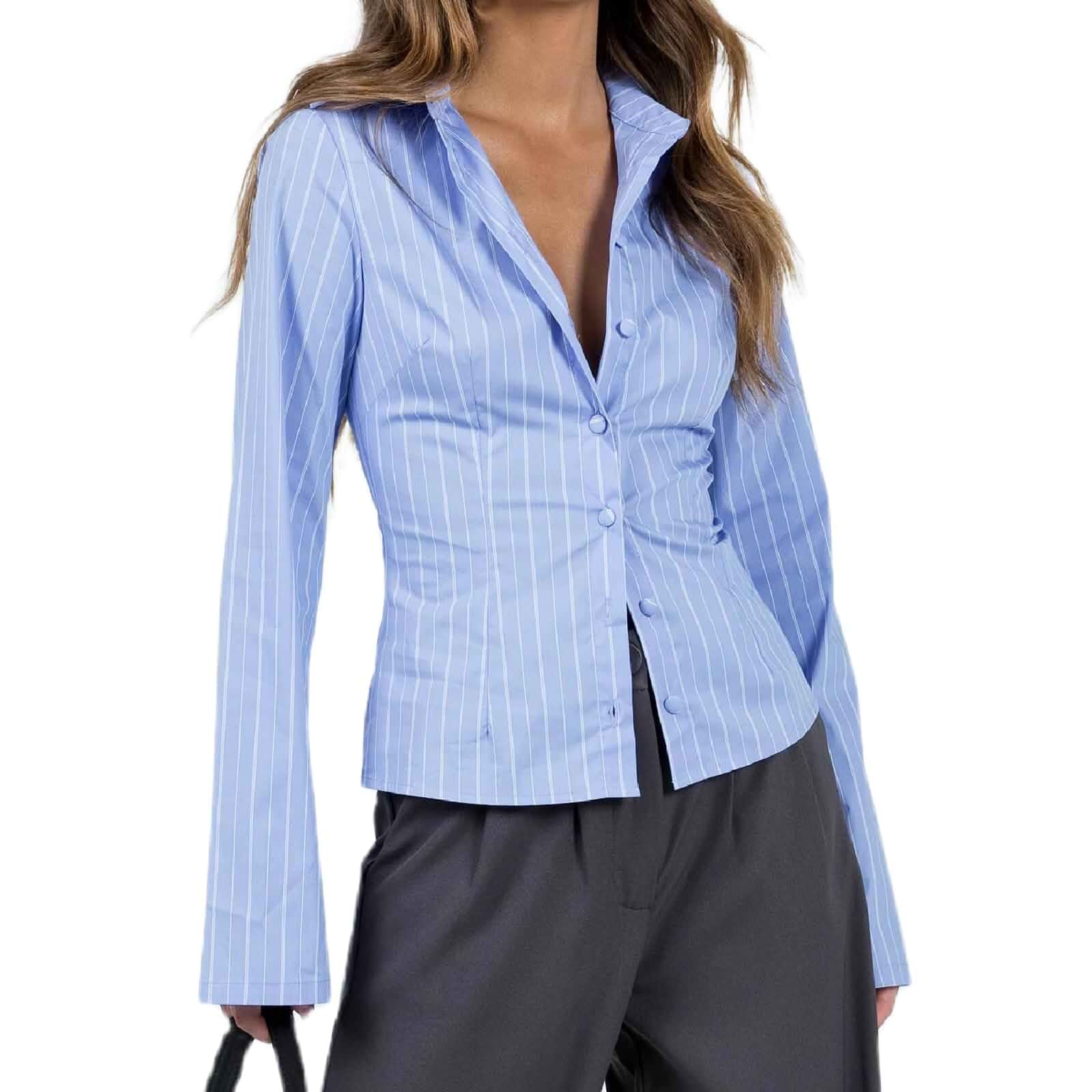 Trendy Fitted Button Down Shirts for Women Long Flare Sleeve Striped Cropped Shirt Business Top Autumn Blouse Striped